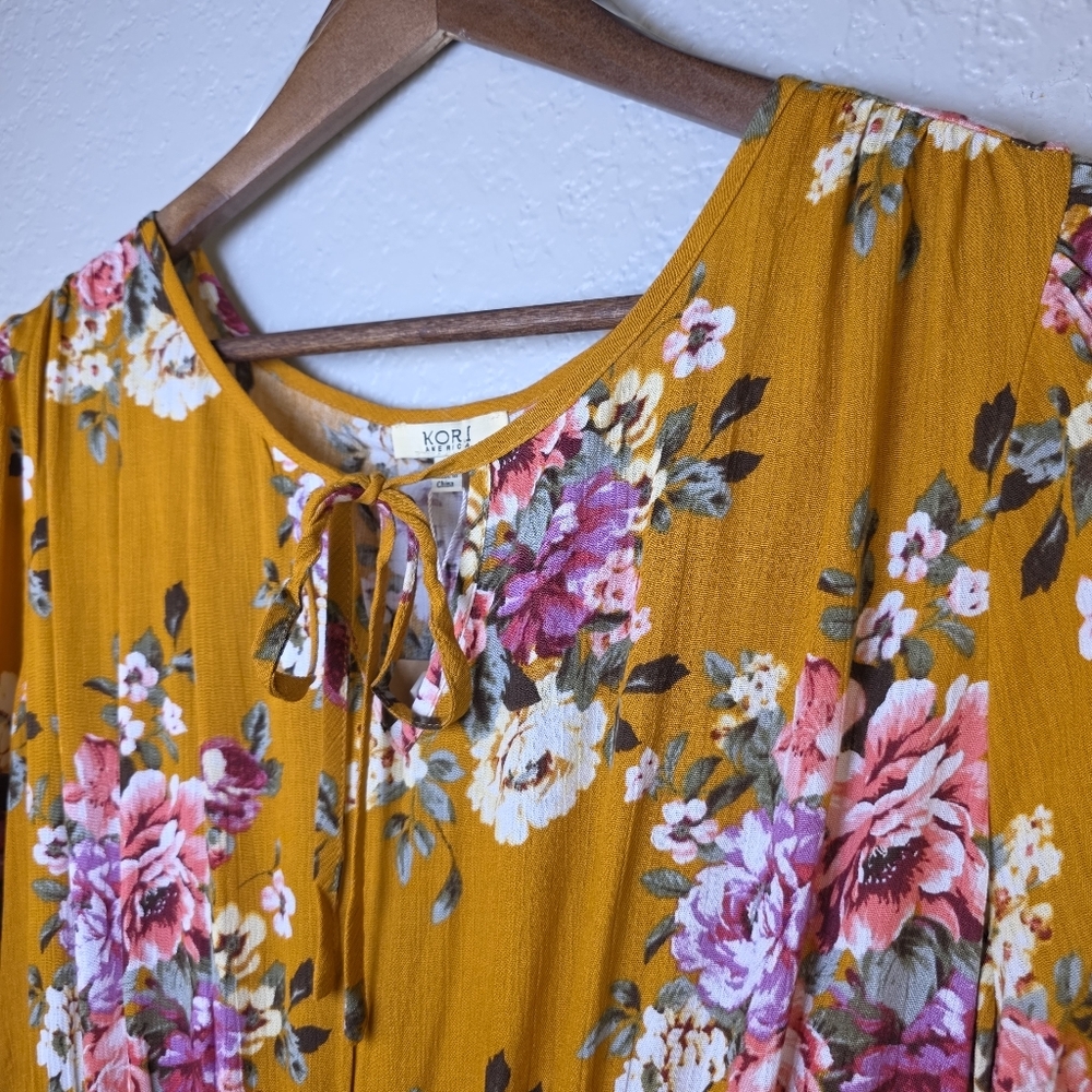 KORI America Boutique Floral Golden Yellow Dress Boho Romantic Tie-Neck – Size L - Picture 12 of 17